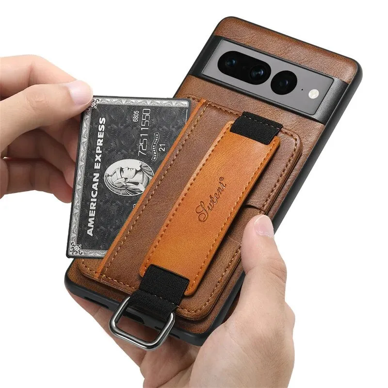 Luxury Retro Leather Wallet Phone Case With Card Slot With Wrist Strap For Google Pixel 8 7