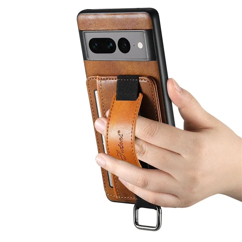 Luxury Retro Leather Wallet Phone Case With Card Slot With Wrist Strap For Google Pixel 8 7