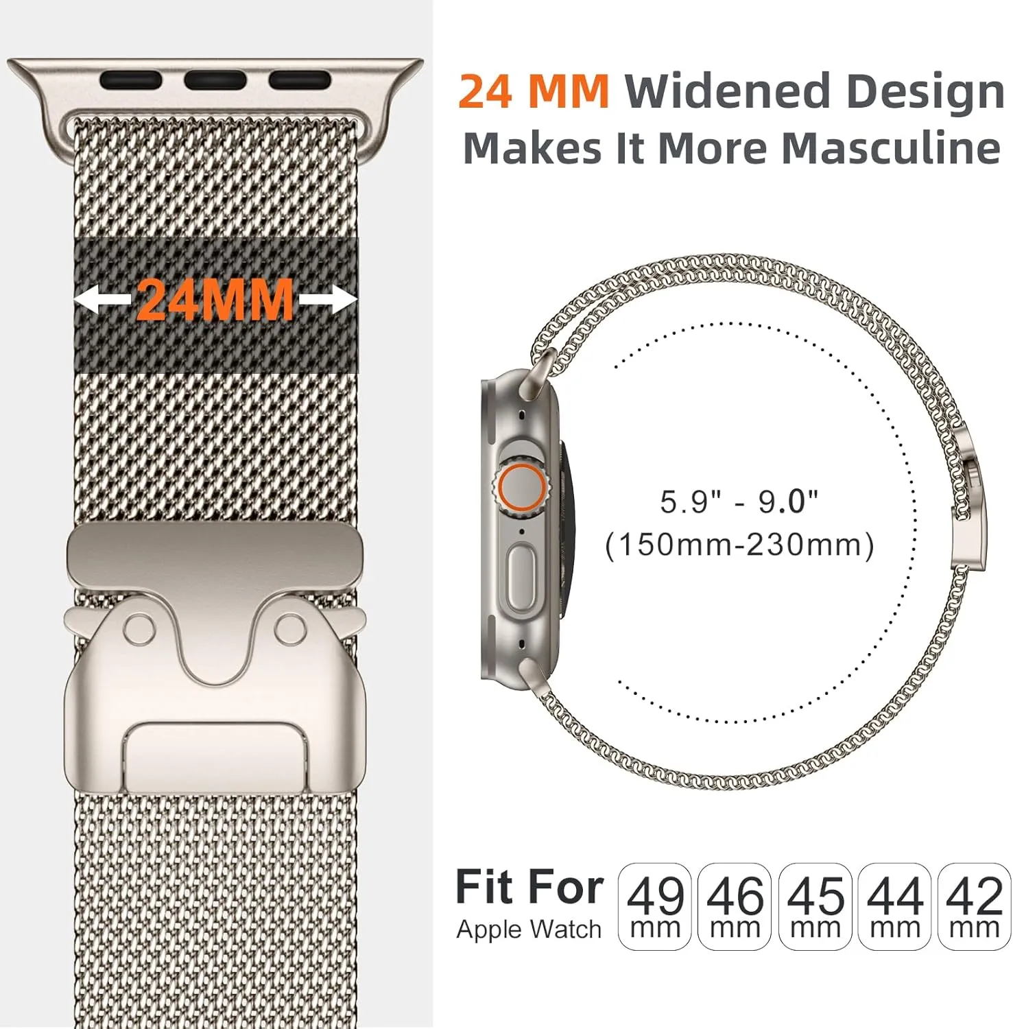 Milanese Mesh Loop Band For Apple Watch 49/46/45/44/42mm ,Designer Parachute-Style Metal Buckle Adjustable Strap for Men Women -Sliver