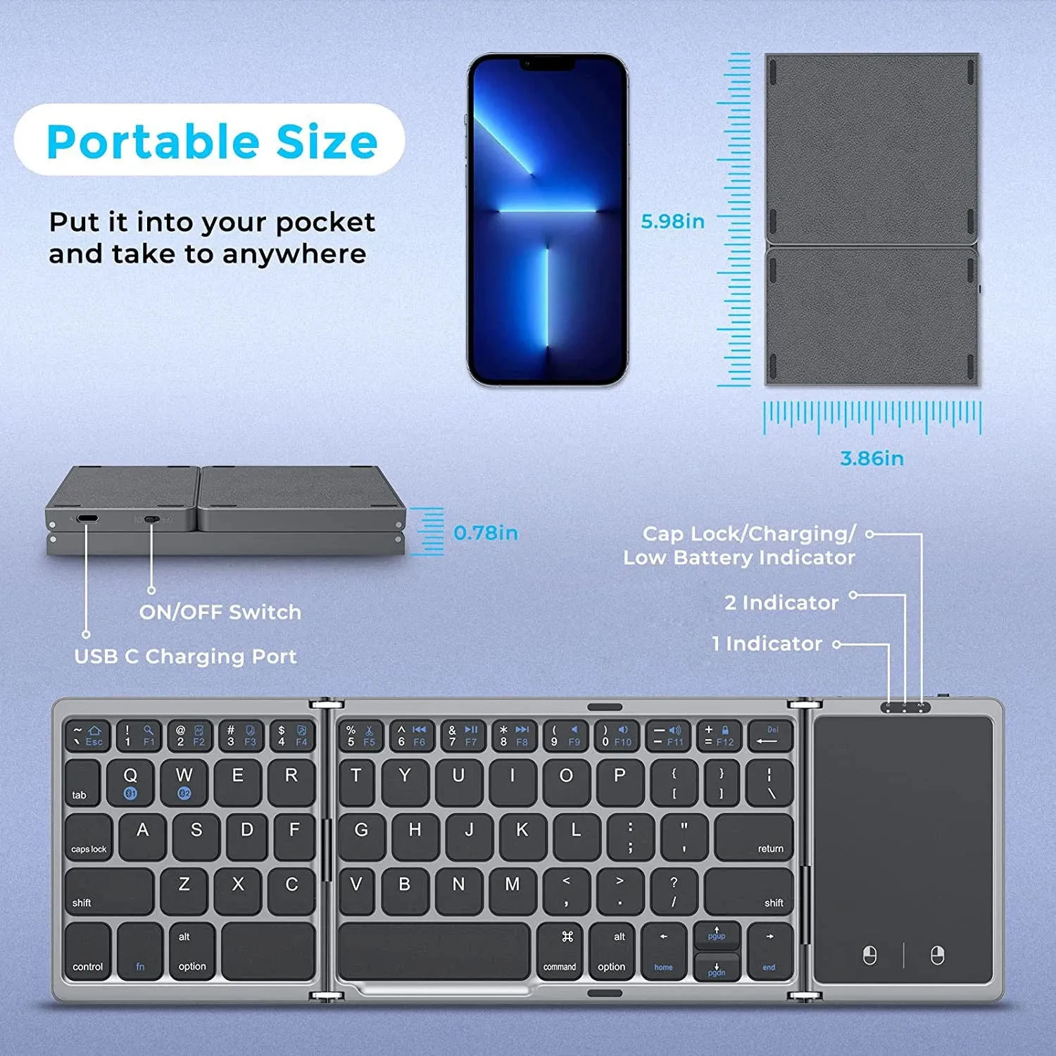 Mini Foldable Wireless Bluetooth Keyboard with Large Touchpad