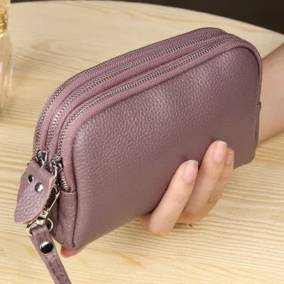 MJ Women Long Wallet Genuine Leather 3-Layer Zipper Purse Bag Large Capacity Wristlet Clutch Wallets Phone Bag Money Purses