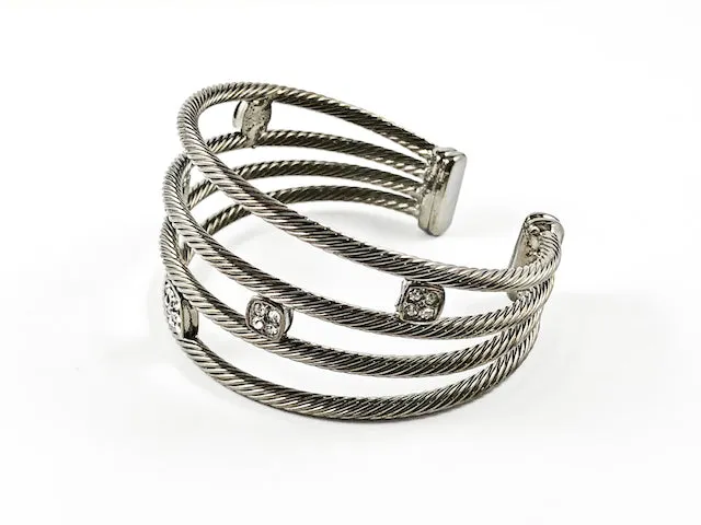 Modern Cable Wire Cuff Design Square Shape Crystals Black Rhodium Tone Brass Bangle