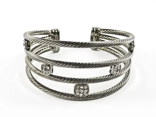 Modern Cable Wire Cuff Design Square Shape Crystals Black Rhodium Tone Brass Bangle