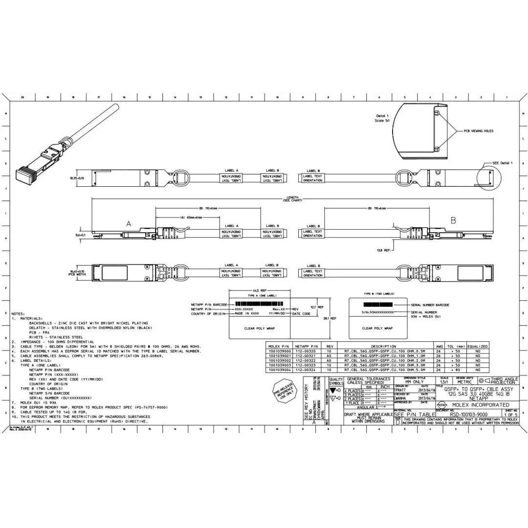 NetApp X66201A-R6 - 1m Data Cable with Plug QSFP /QSFP  | HA, CU, 1.0m