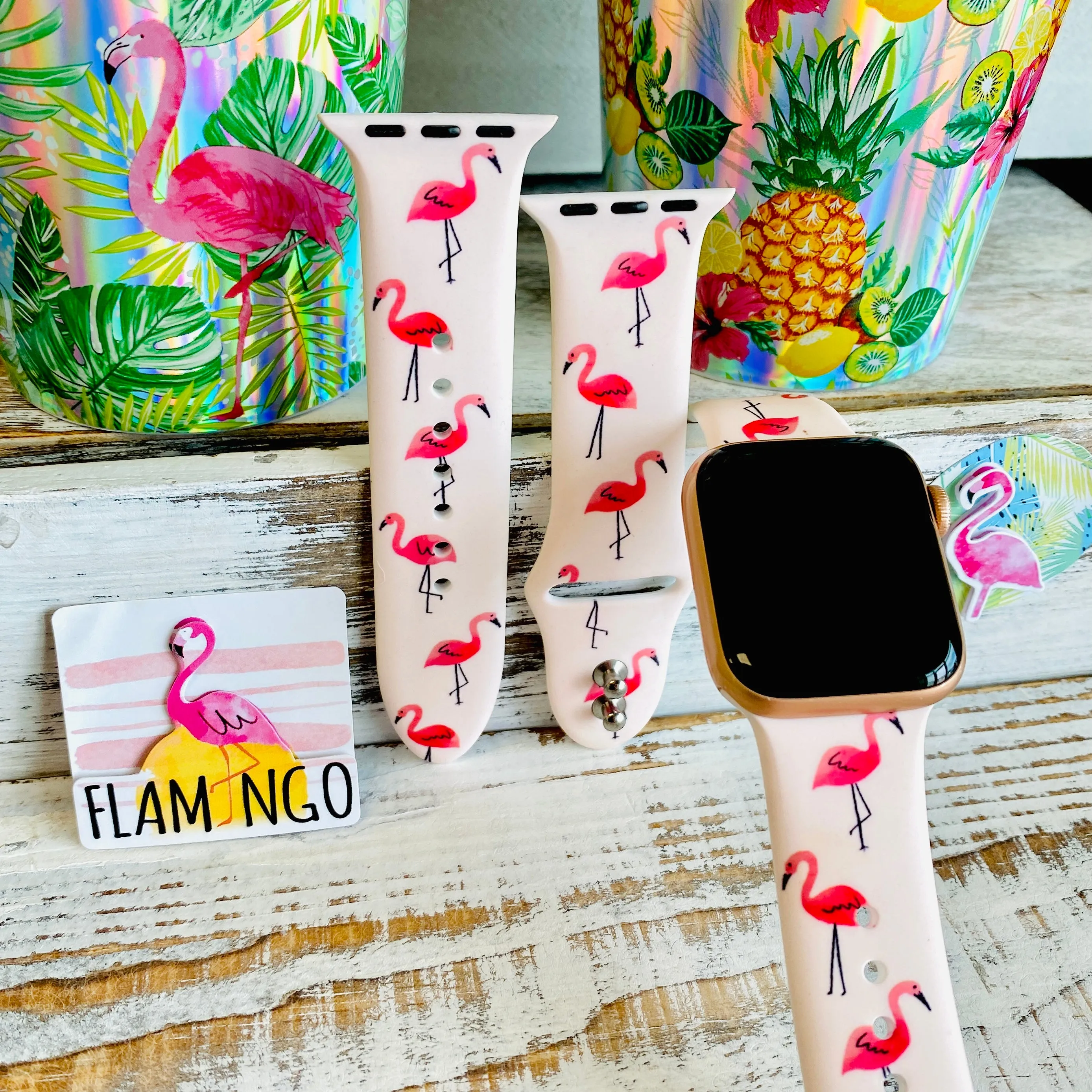 Pink Flamingo Print Silicone Band For Apple Watch