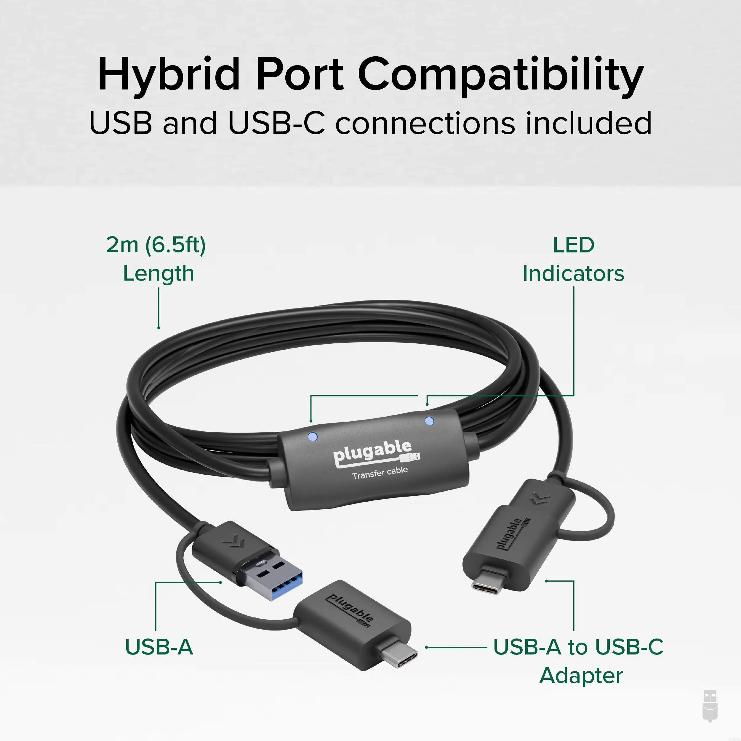 Plugable USB Data Transfer Cable with USB-C Adapters, 6.6ft