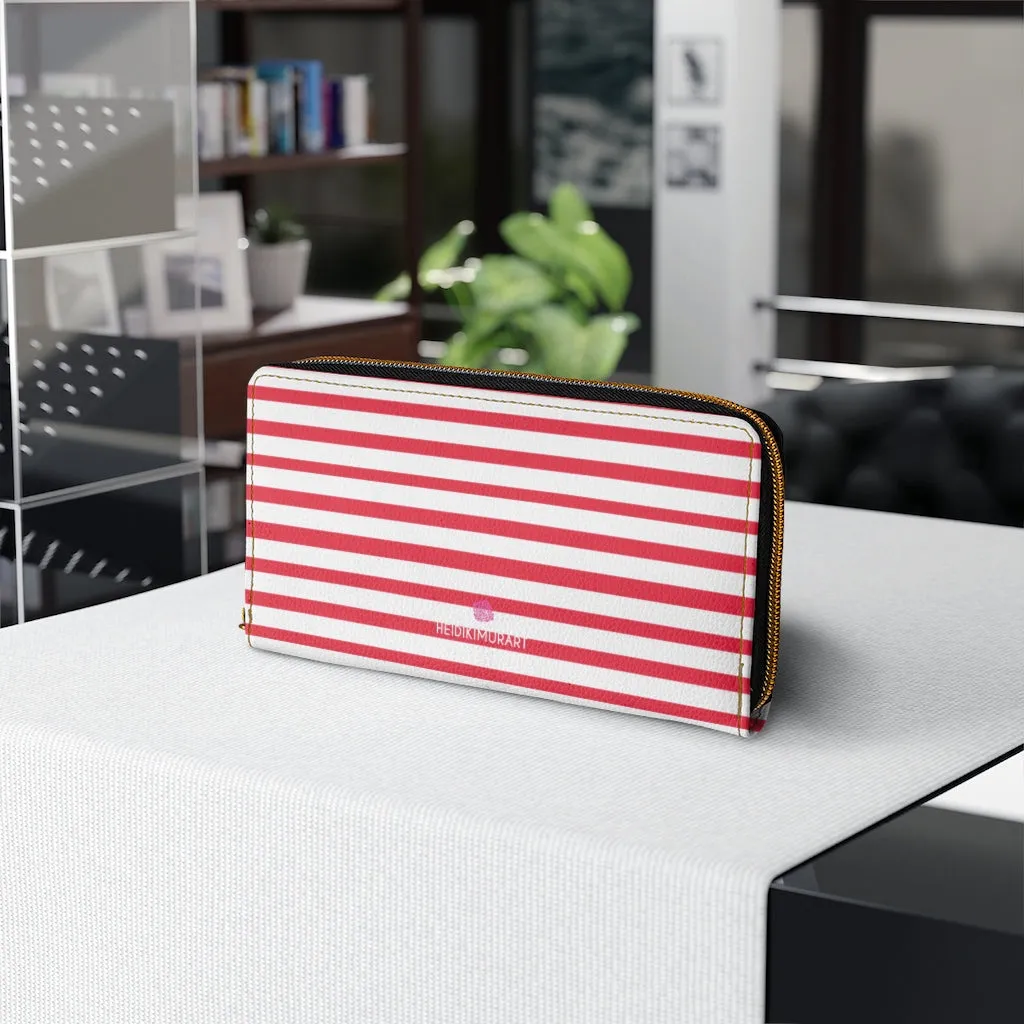 Red Striped Zipper Wallet, Horizontal Stripes Long Compact Designer Premium Quality Women's Wallet