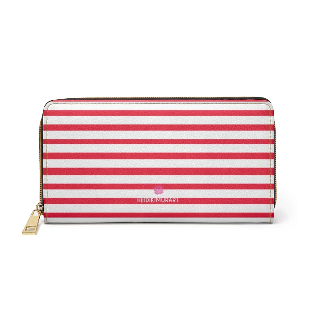 Red Striped Zipper Wallet, Horizontal Stripes Long Compact Designer Premium Quality Women's Wallet