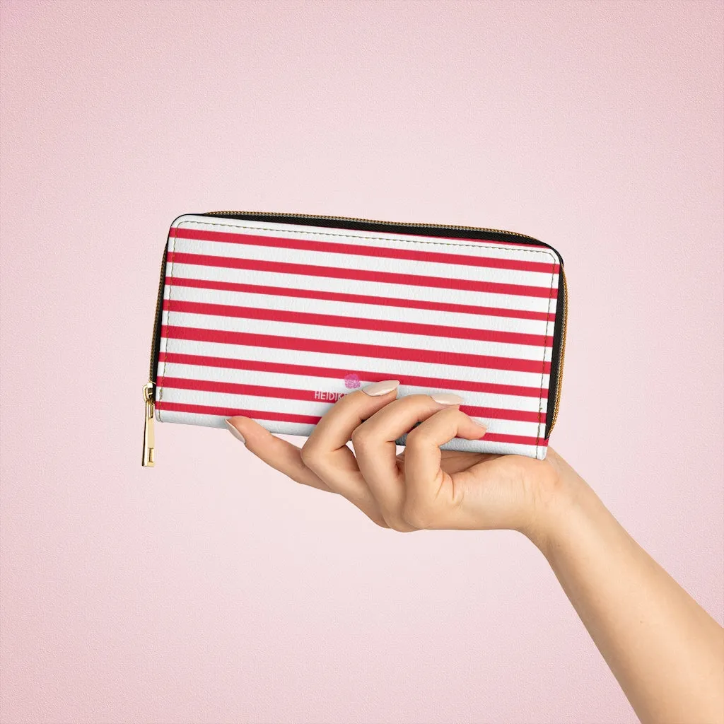 Red Striped Zipper Wallet, Horizontal Stripes Long Compact Designer Premium Quality Women's Wallet