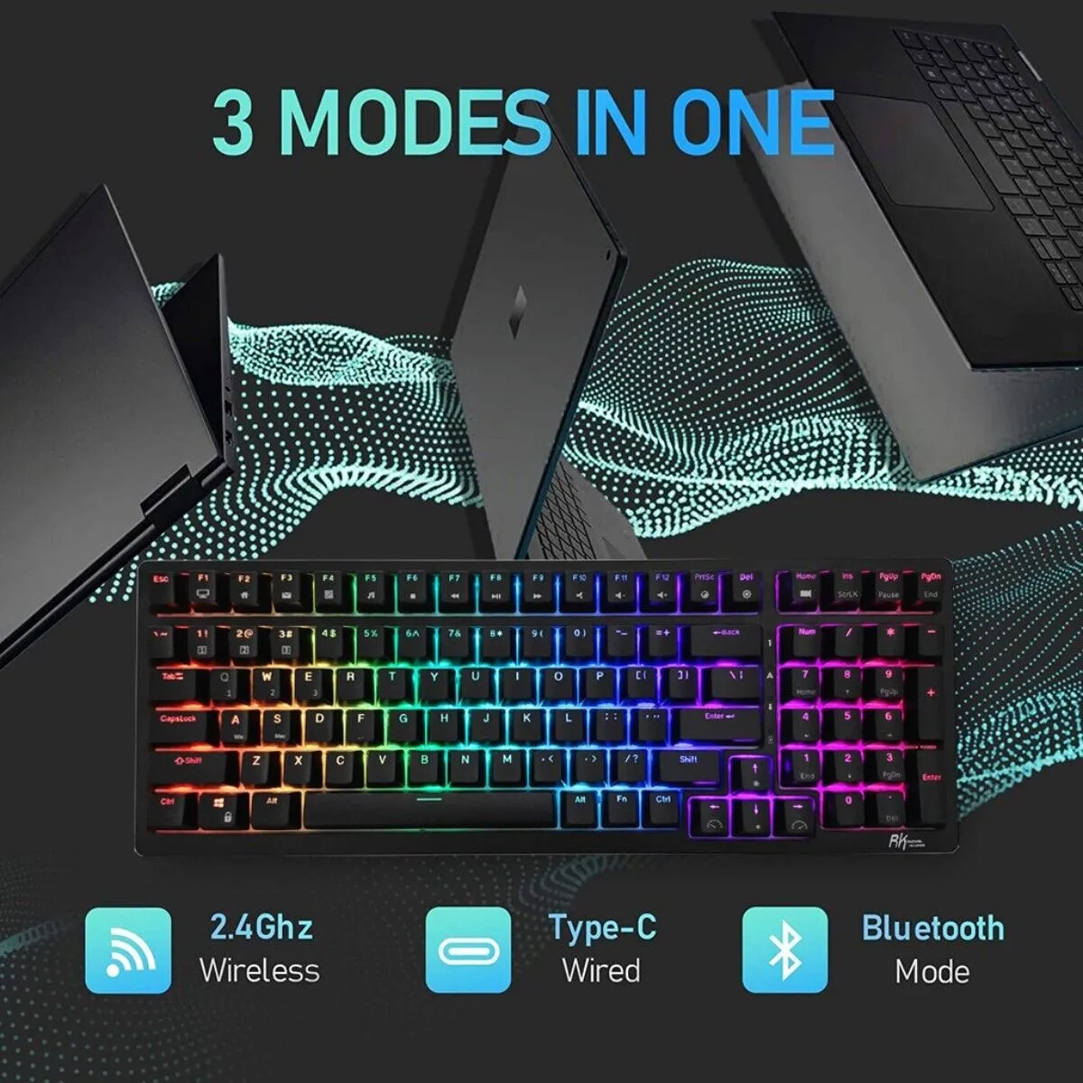 RK Royal Kludge RK98 Tri-Mode RGB Hot Swappable Keyboard (Black with Blue Switch)