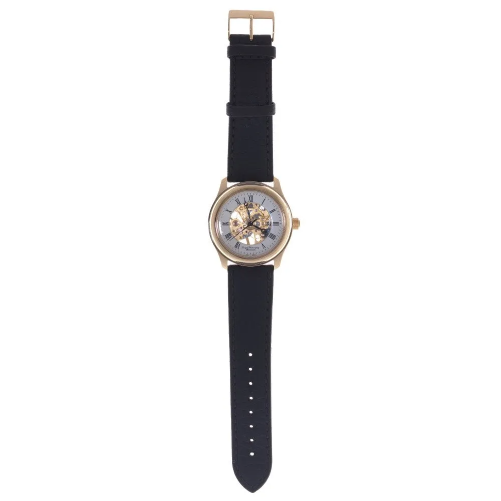 Royal Observatory Greenwich Gold Circular Skeleton Watch with Black Strap