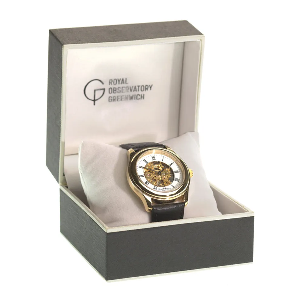 Royal Observatory Greenwich Gold Circular Skeleton Watch with Black Strap