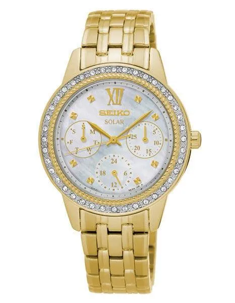 Seiko Ladies Solar Recraft Swarovski Crystal Day/Date Watch - Gold-Tone - MOP