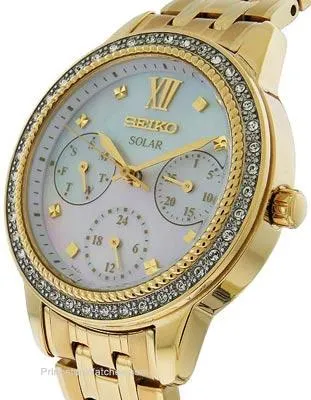 Seiko Ladies Solar Recraft Swarovski Crystal Day/Date Watch - Gold-Tone - MOP