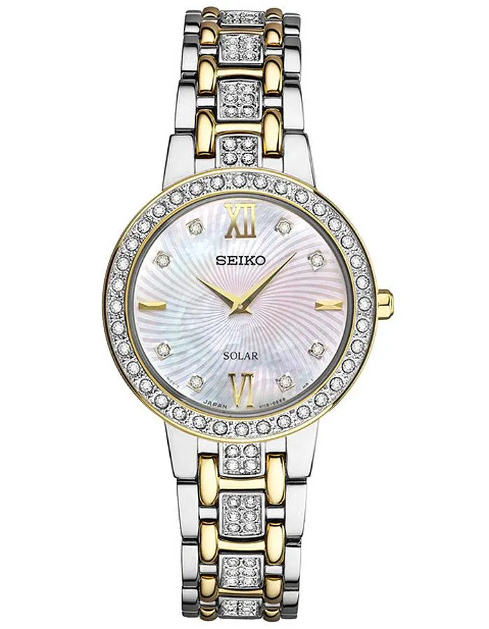 Seiko Womens Solar Crystal Dress Watch - Two-Tone - Mother of Pearl Dial