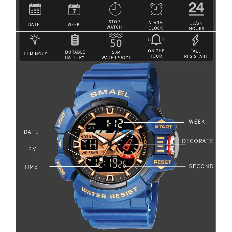 SMAEL Military Men's Sport Watch Waterproof Wristwatch Stopwatch Alarm LED Light Digital Watches