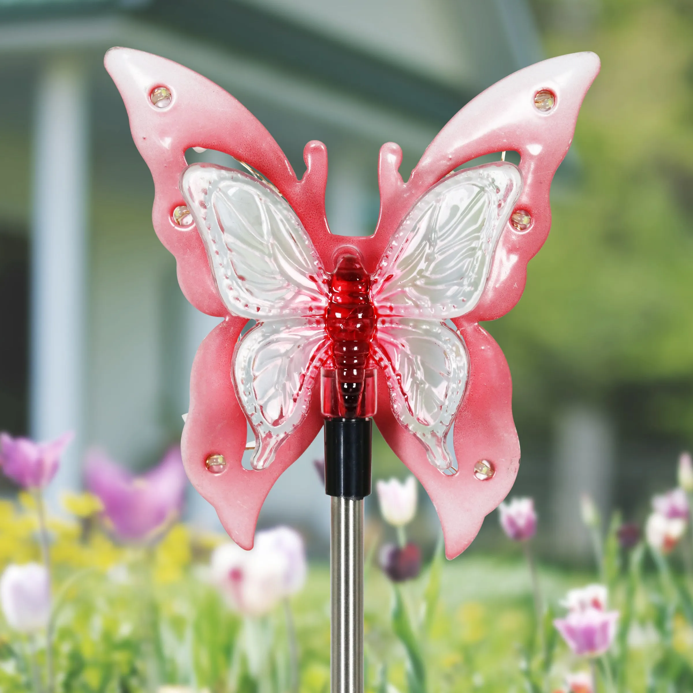 Solar Acrylic and Metal Pink Butterfly Garden Stake with Twelve LED Lights, 4 by 34 Inches