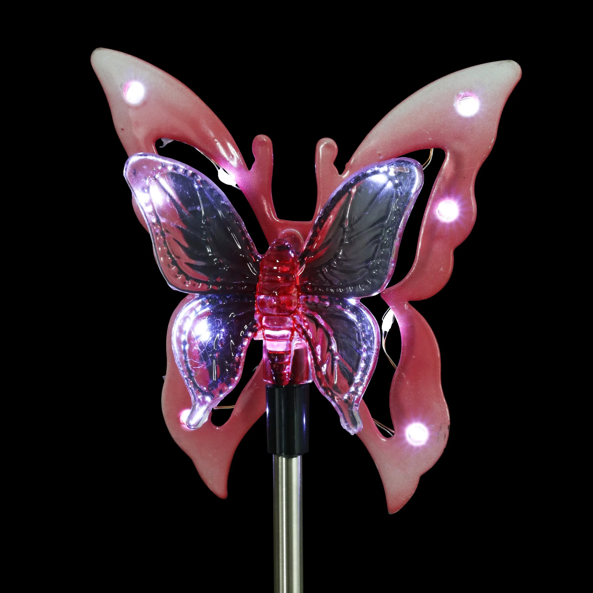 Solar Acrylic and Metal Pink Butterfly Garden Stake with Twelve LED Lights, 4 by 34 Inches