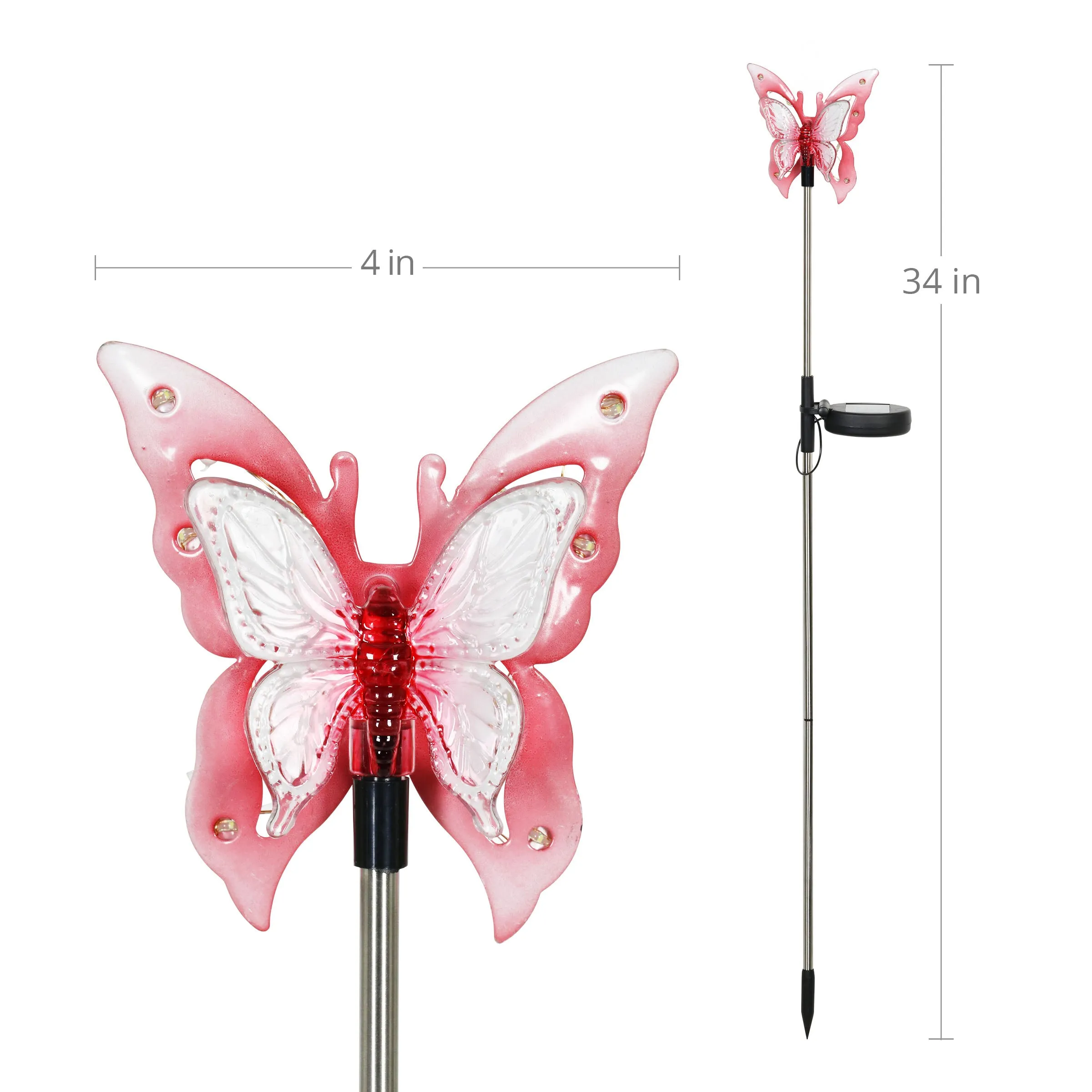 Solar Acrylic and Metal Pink Butterfly Garden Stake with Twelve LED Lights, 4 by 34 Inches