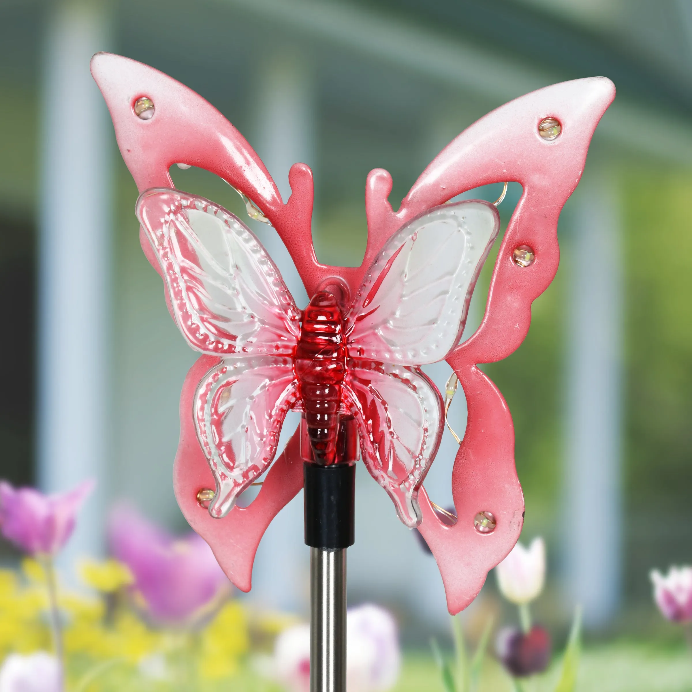 Solar Acrylic and Metal Pink Butterfly Garden Stake with Twelve LED Lights, 4 by 34 Inches