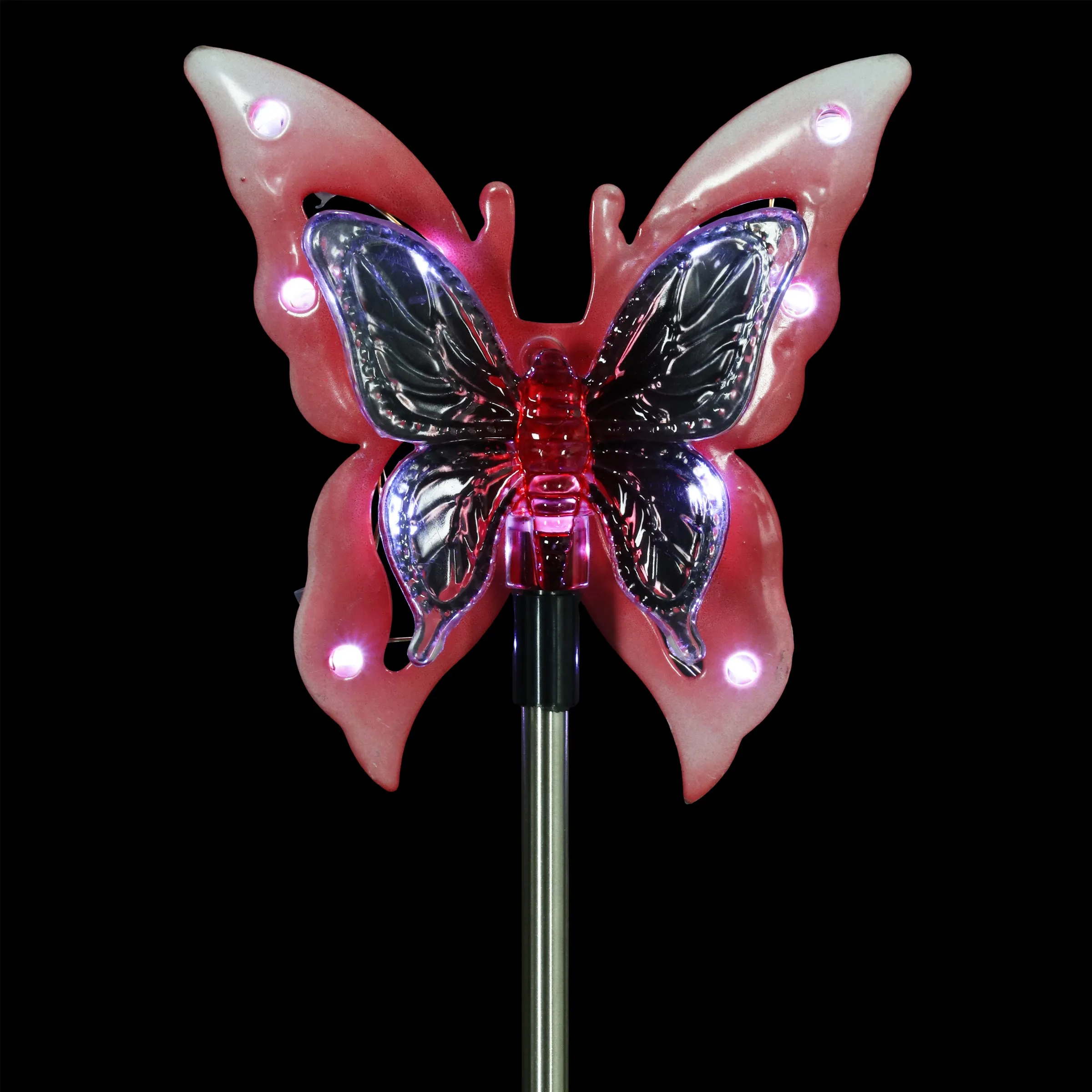 Solar Acrylic and Metal Pink Butterfly Garden Stake with Twelve LED Lights, 4 by 34 Inches