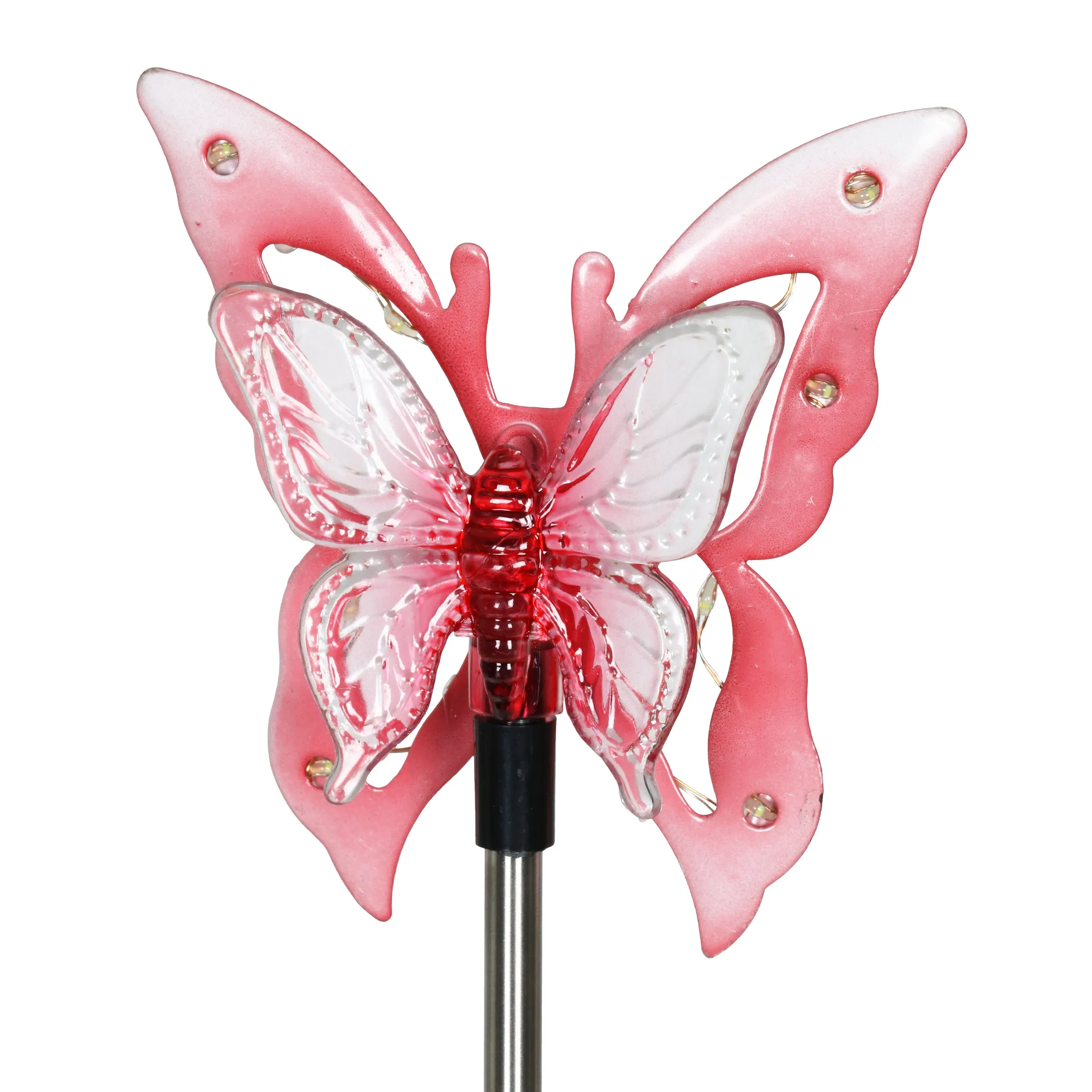 Solar Acrylic and Metal Pink Butterfly Garden Stake with Twelve LED Lights, 4 by 34 Inches