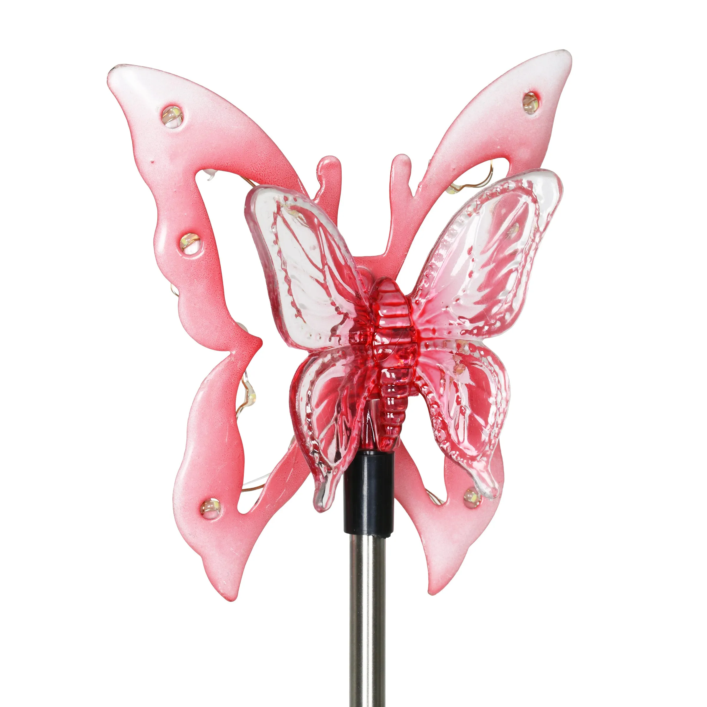 Solar Acrylic and Metal Pink Butterfly Garden Stake with Twelve LED Lights, 4 by 34 Inches