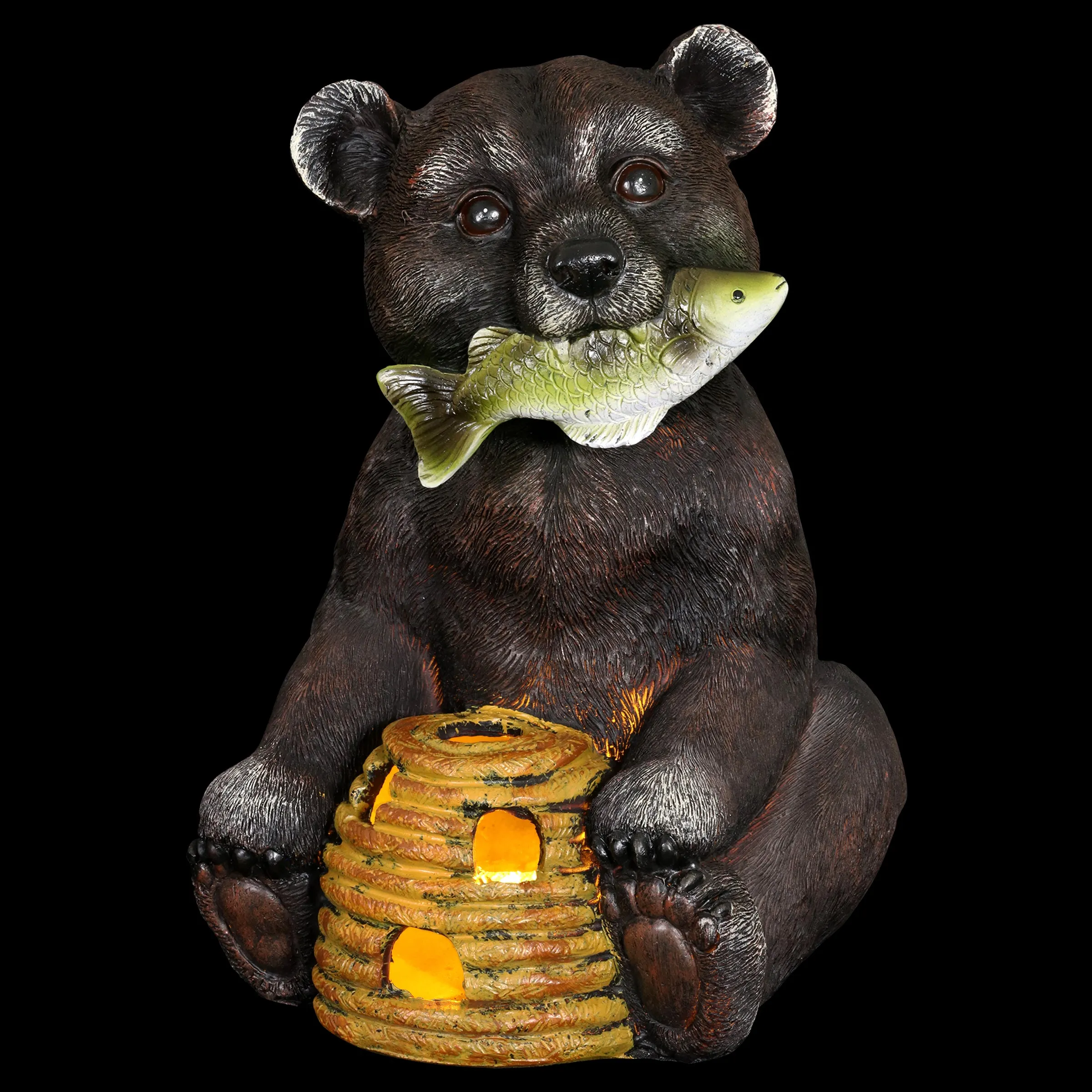 Solar Bear with a Fish and Bee Hive Garden Statue, 12 Inch