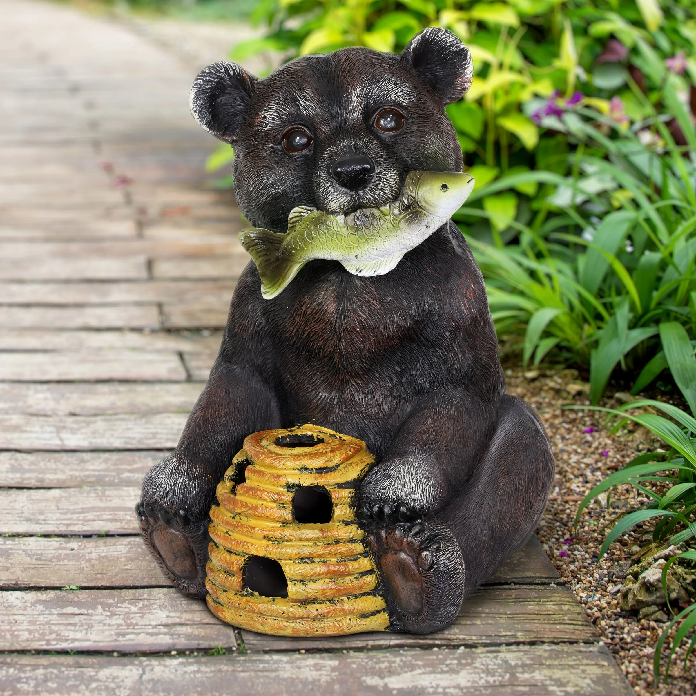 Solar Bear with a Fish and Bee Hive Garden Statue, 12 Inch