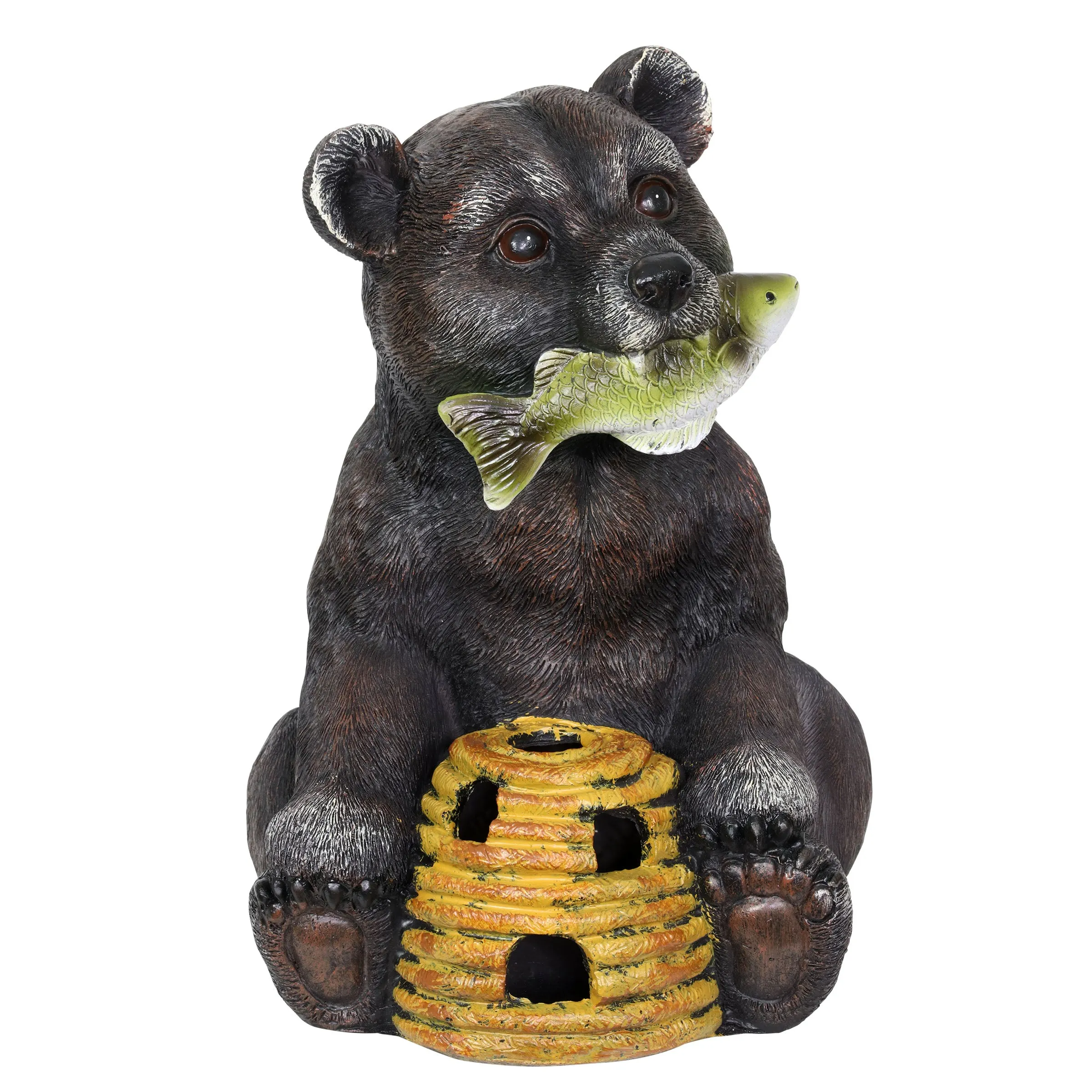 Solar Bear with a Fish and Bee Hive Garden Statue, 12 Inch