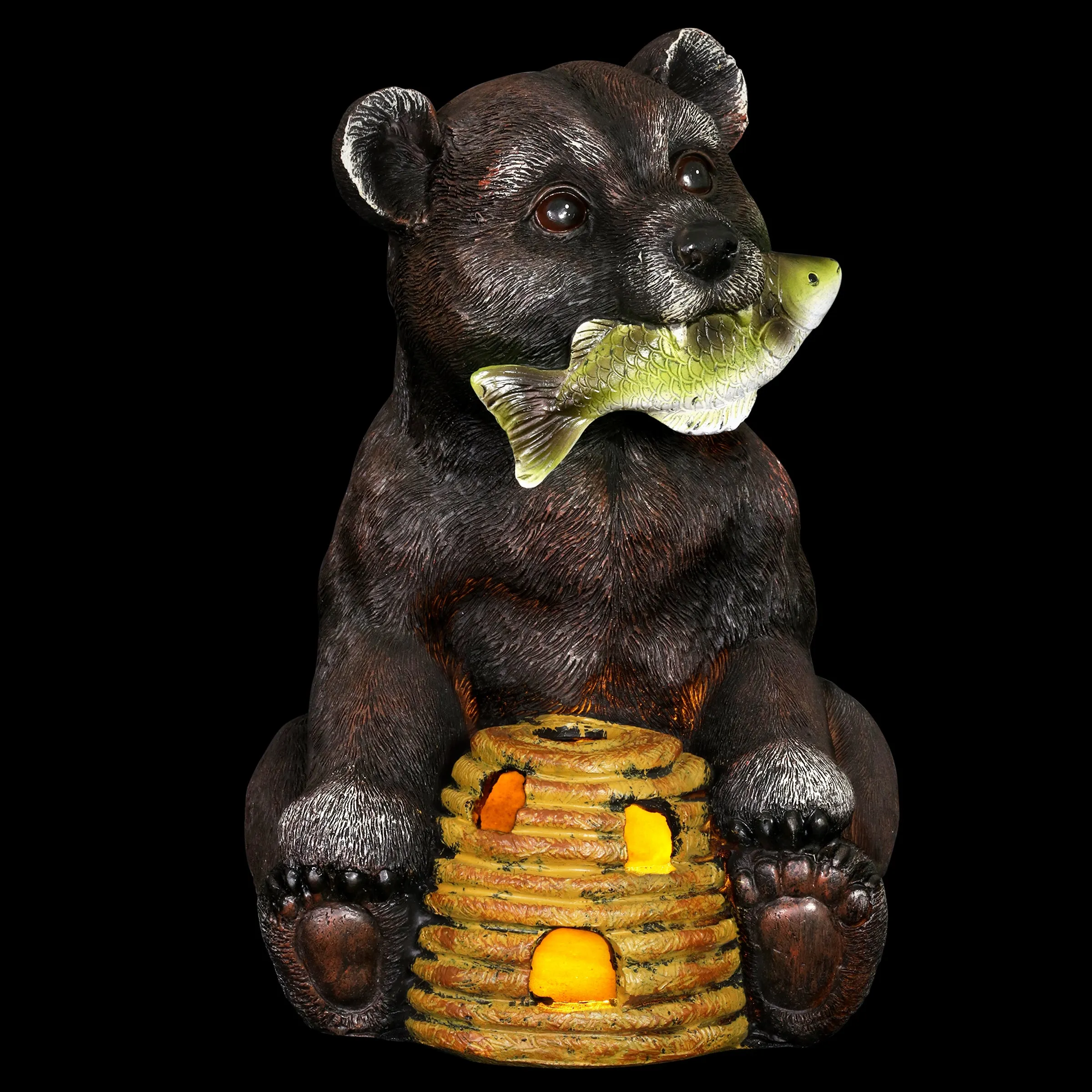 Solar Bear with a Fish and Bee Hive Garden Statue, 12 Inch