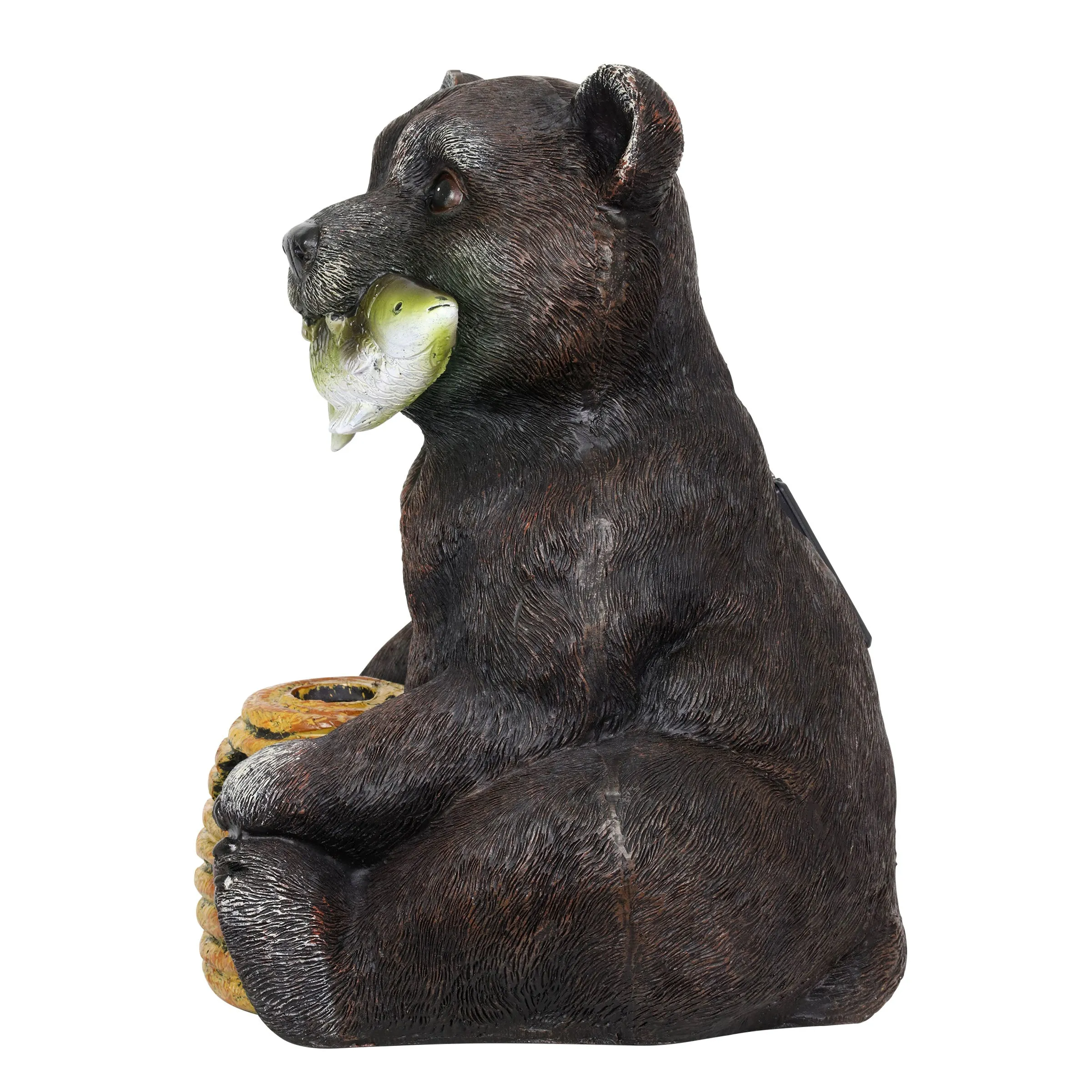 Solar Bear with a Fish and Bee Hive Garden Statue, 12 Inch