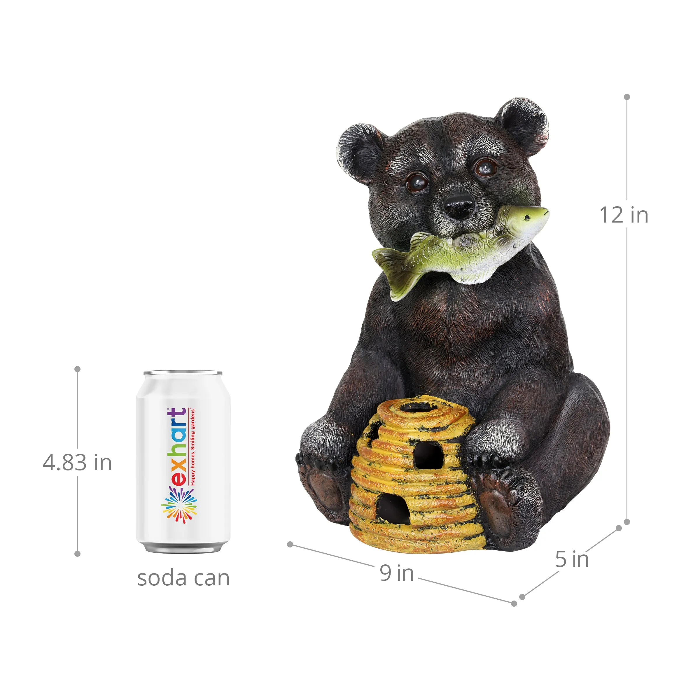 Solar Bear with a Fish and Bee Hive Garden Statue, 12 Inch