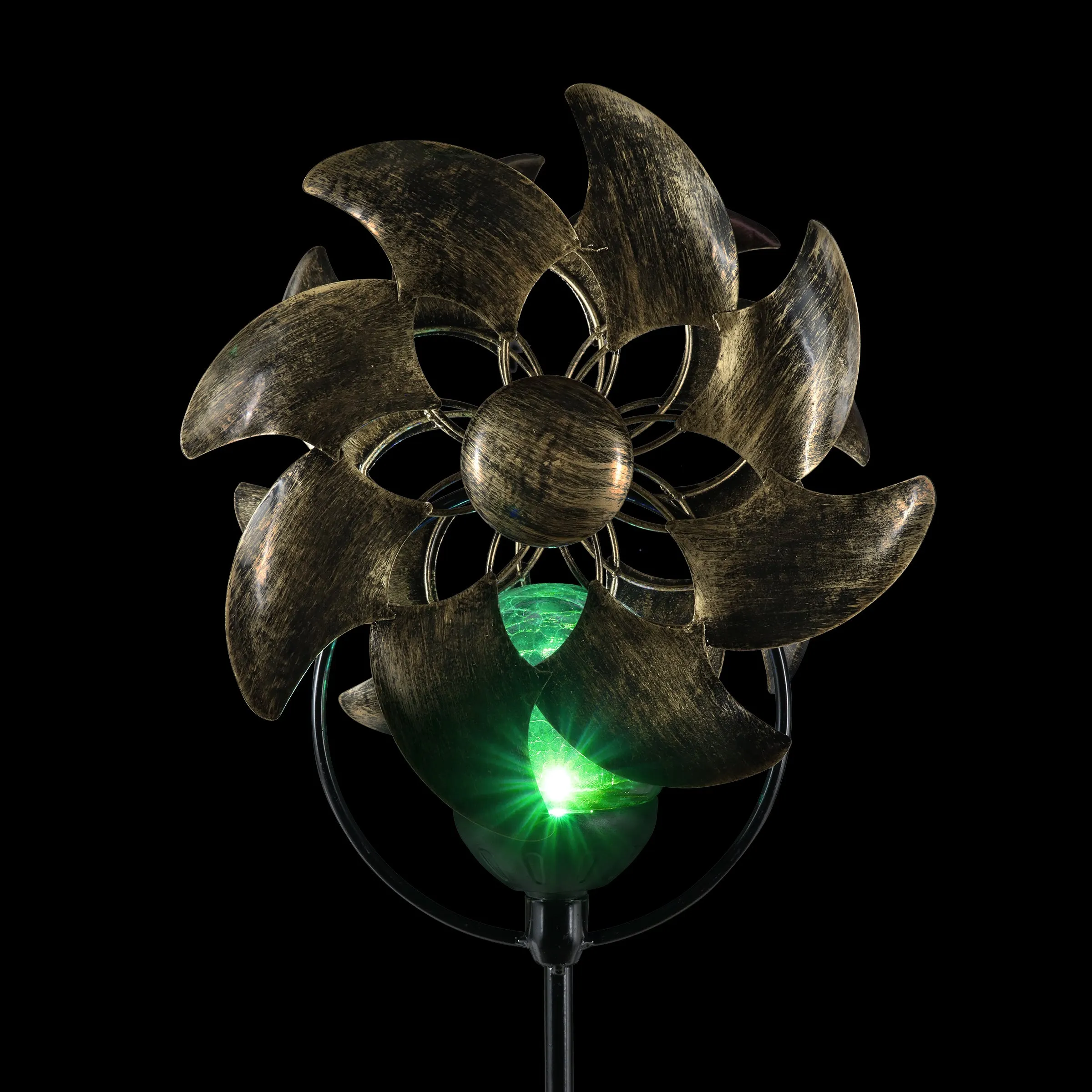 Solar Color Changing Double Windmill Wind Spinner Garden Stake in a Bronze Finish with Crackle Glass Details, 7 by 43 Inches