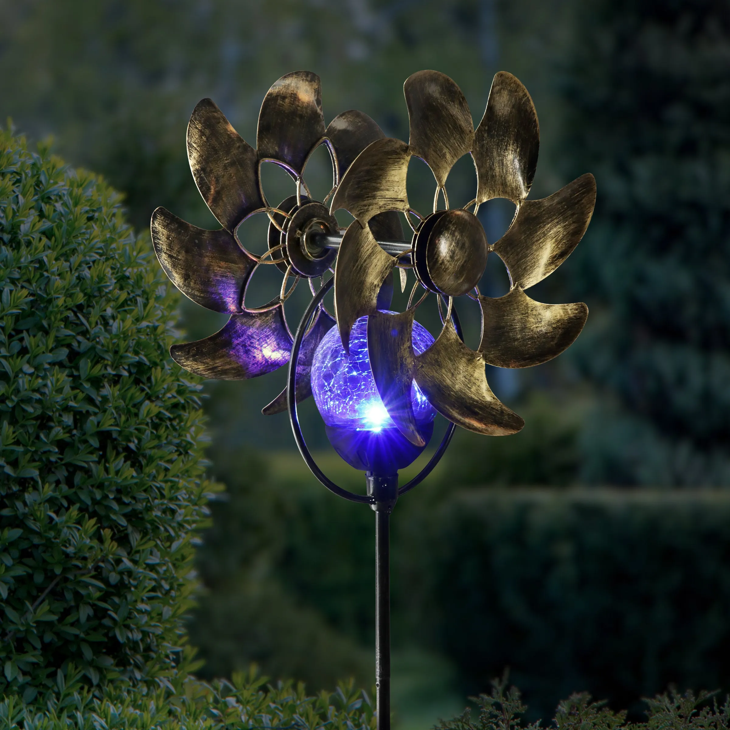 Solar Color Changing Double Windmill Wind Spinner Garden Stake in a Bronze Finish with Crackle Glass Details, 7 by 43 Inches