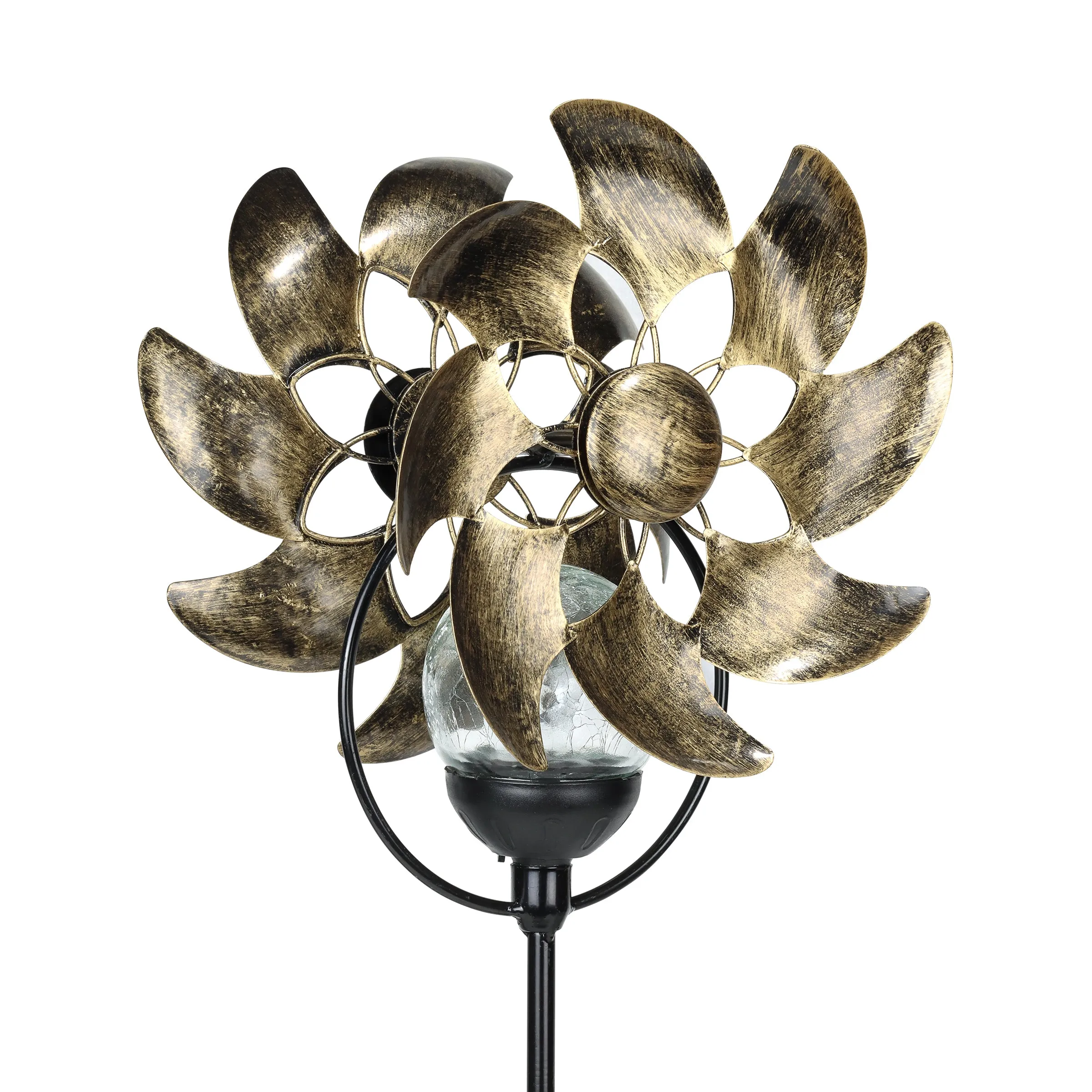 Solar Color Changing Double Windmill Wind Spinner Garden Stake in a Bronze Finish with Crackle Glass Details, 7 by 43 Inches