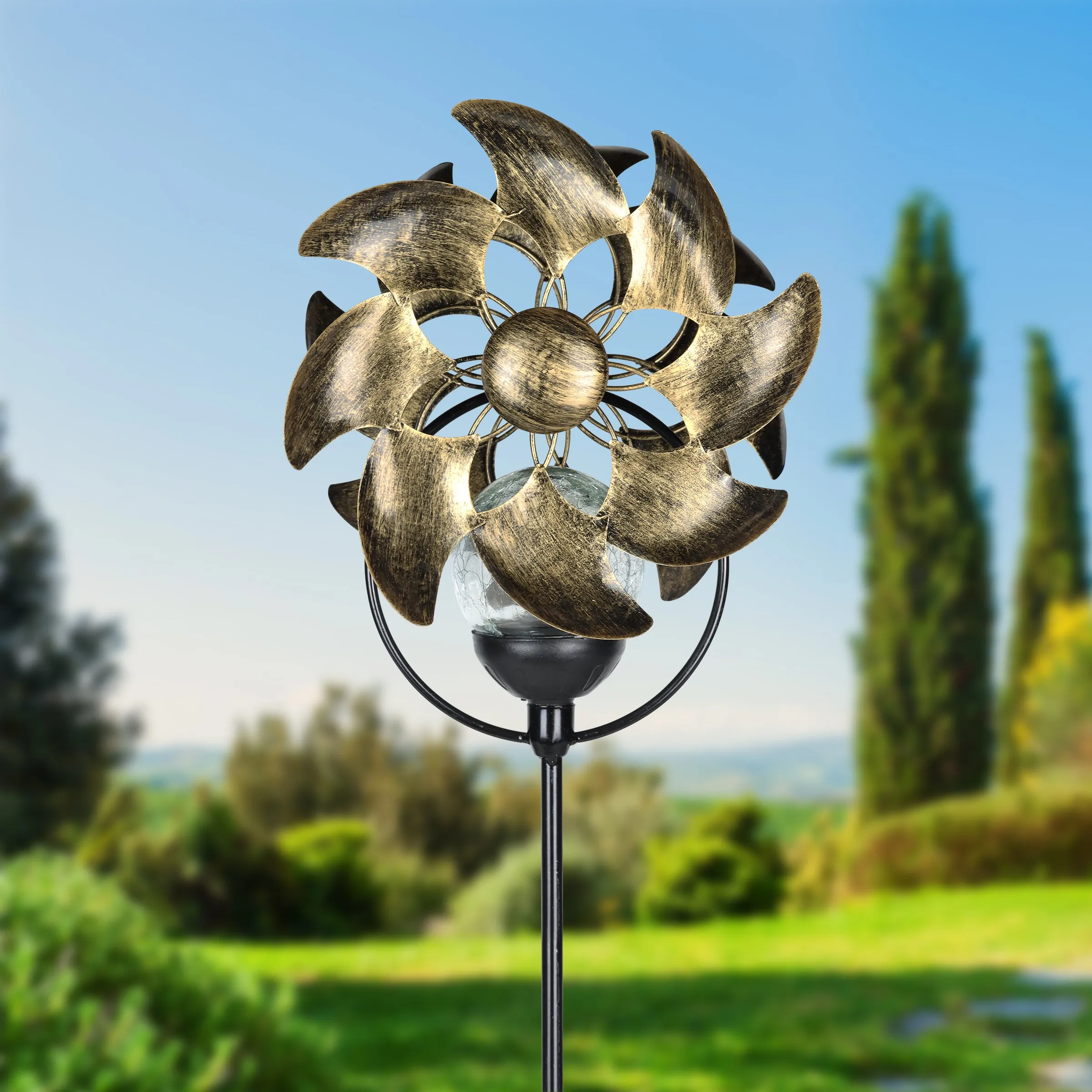 Solar Color Changing Double Windmill Wind Spinner Garden Stake in a Bronze Finish with Crackle Glass Details, 7 by 43 Inches