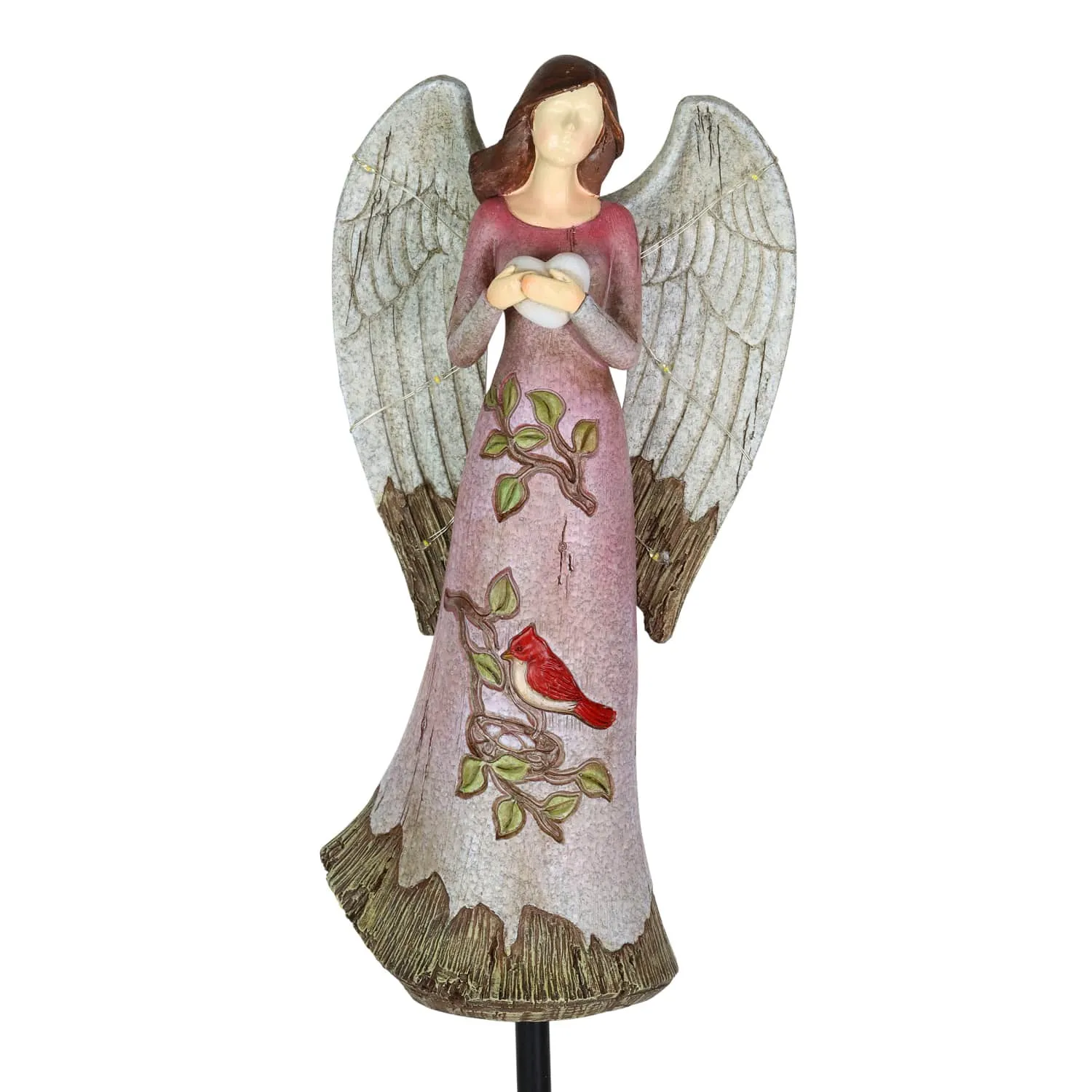 Solar Hand Painted Resin Angel Stake with Heart and Cardinal, 5.5 by 18 Inches