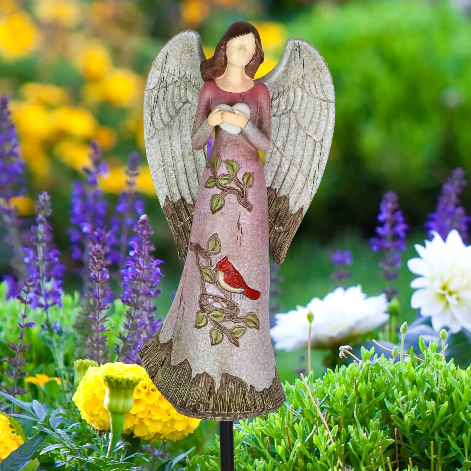 Solar Hand Painted Resin Angel Stake with Heart and Cardinal, 5.5 by 18 Inches