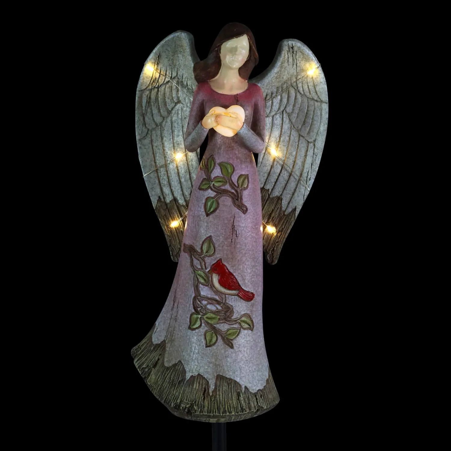 Solar Hand Painted Resin Angel Stake with Heart and Cardinal, 5.5 by 18 Inches