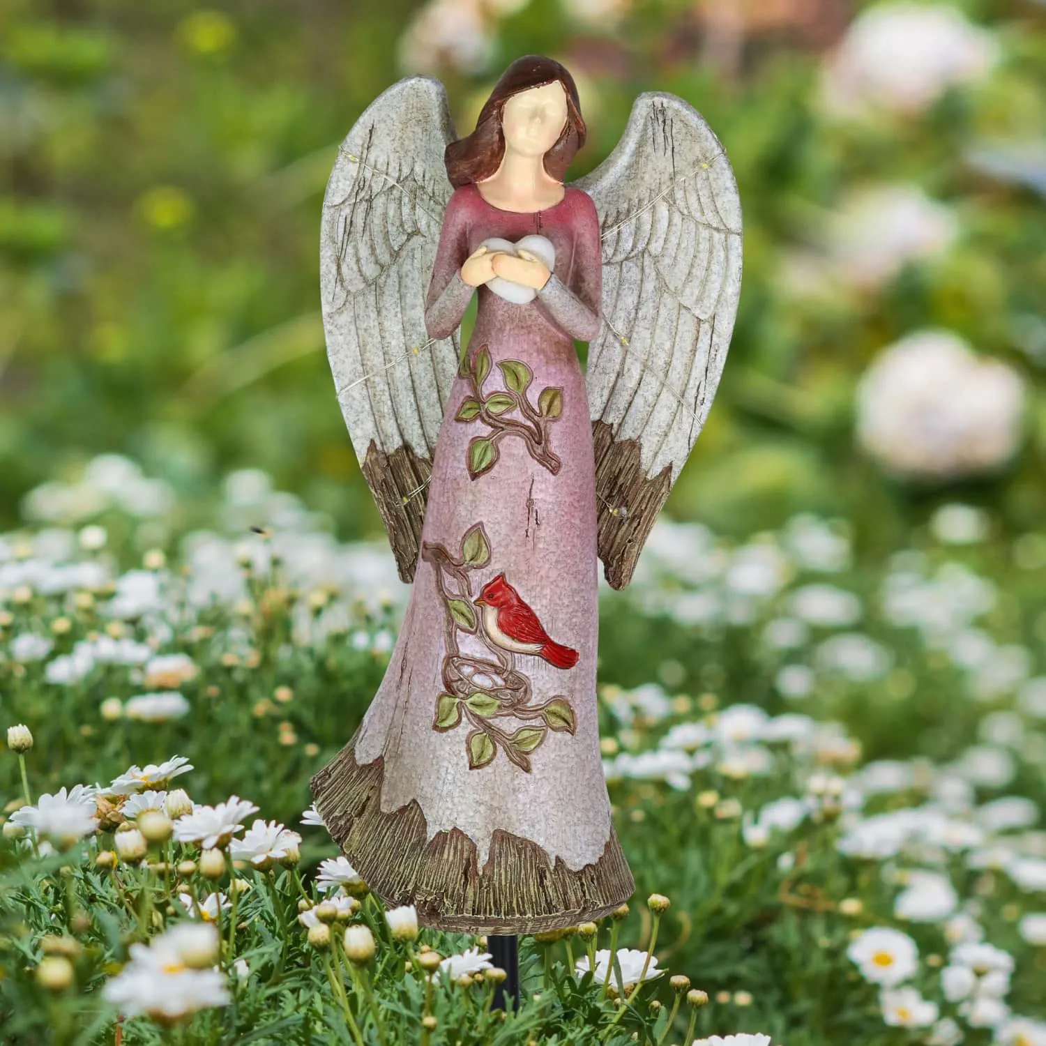 Solar Hand Painted Resin Angel Stake with Heart and Cardinal, 5.5 by 18 Inches