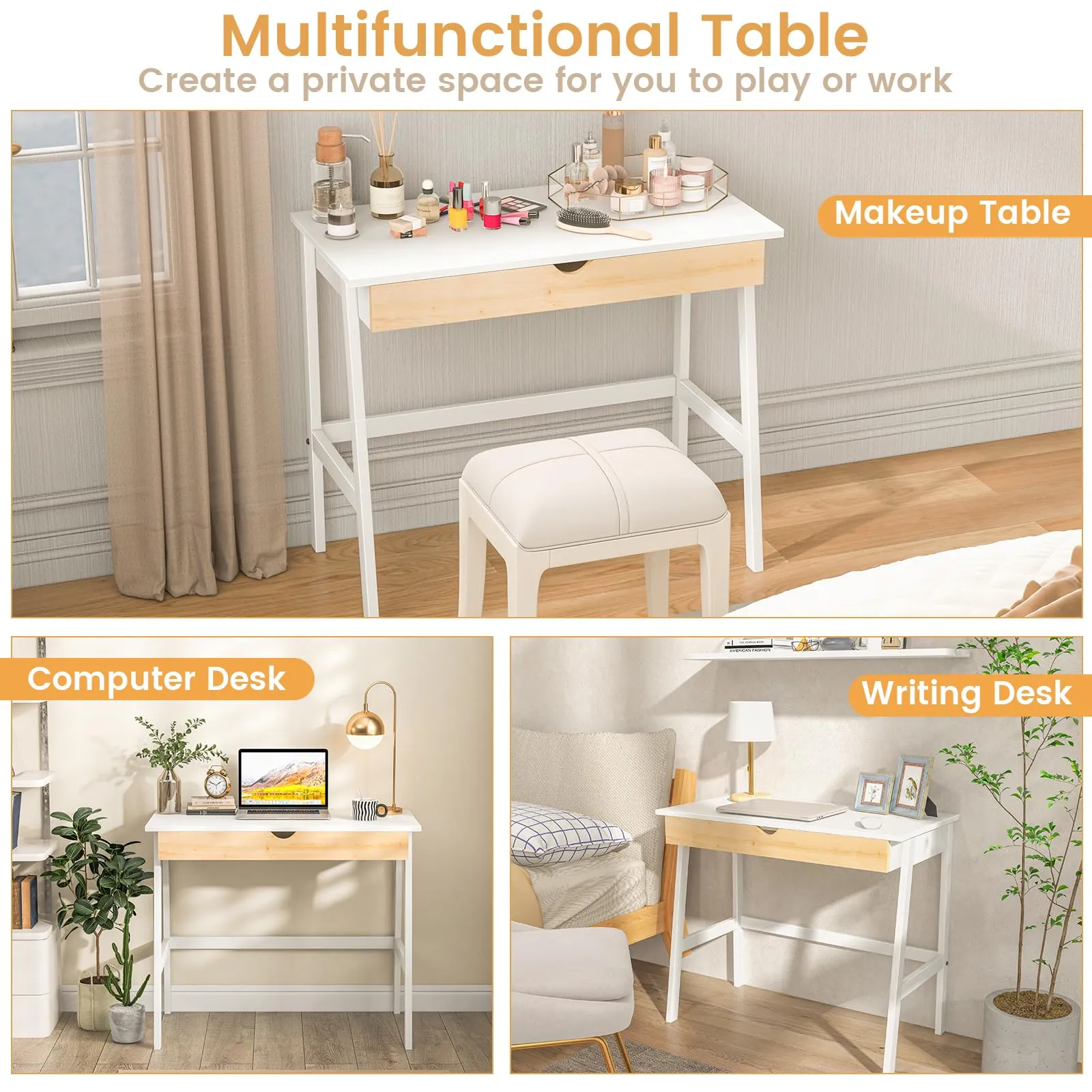 Tangkula Small White Desk with Drawer, Small Space Writing Study Desk