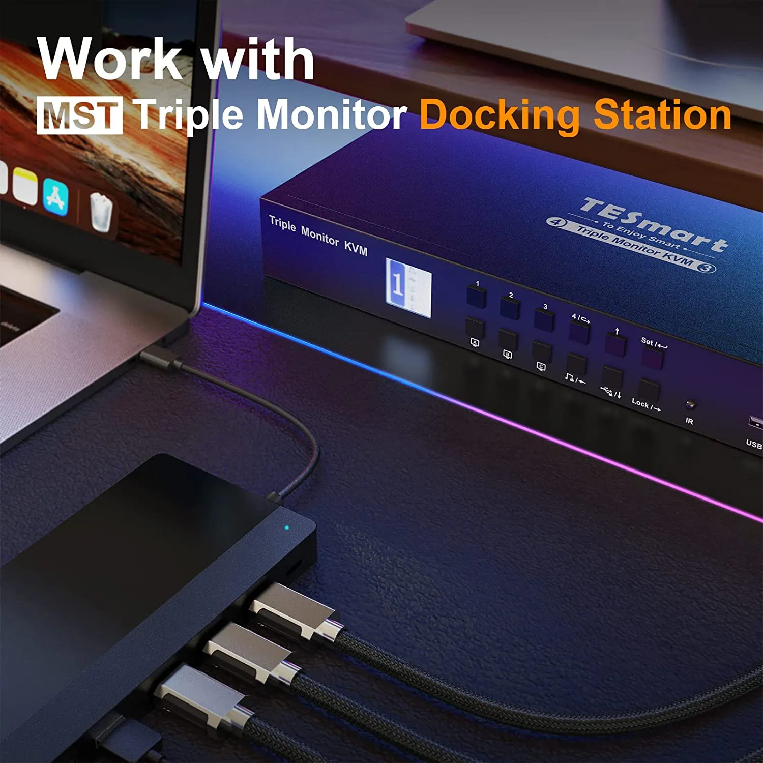 TESmart KVM Switch 3 Monitors 4 Computers 4K@60Hz 4:4:4, Support 3 USB Peripherals, 2 Audio Out, Mechanical, Multimedia Keyboard