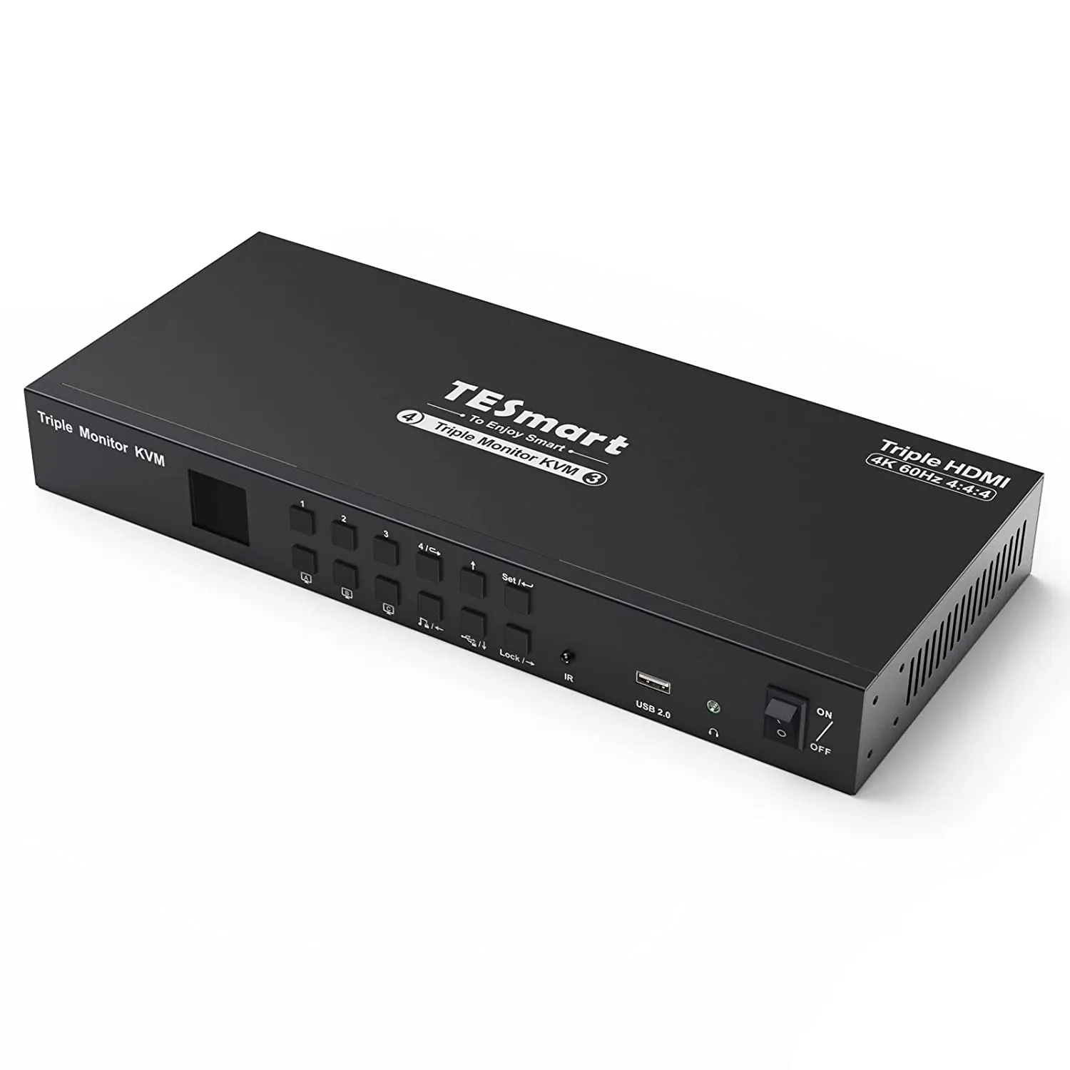 TESmart KVM Switch 3 Monitors 4 Computers 4K@60Hz 4:4:4, Support 3 USB Peripherals, 2 Audio Out, Mechanical, Multimedia Keyboard