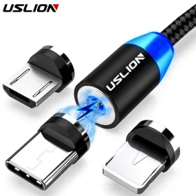 USLION Magnetic USB Cable For iPhone 12 11 Xiaomi Samsung Type C Cable LED Fast Charging Data Charge Micro USB Cable Cord Wire