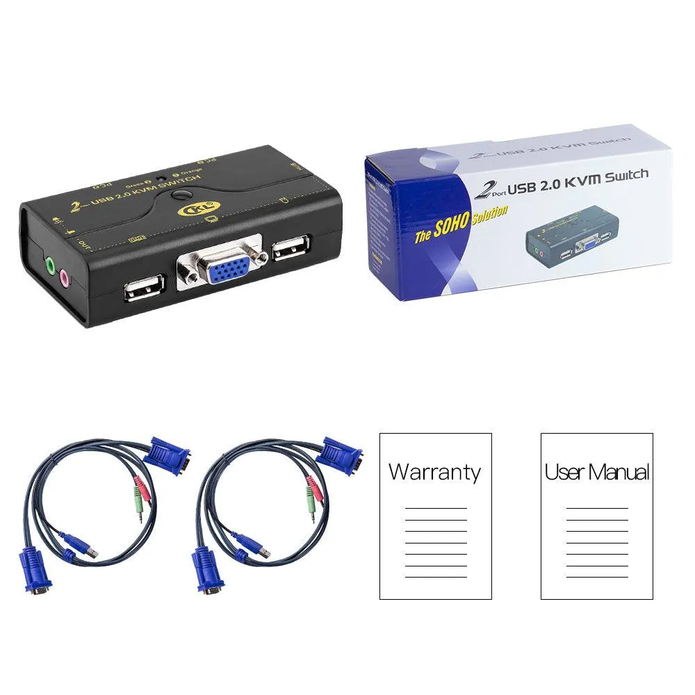 VGA KVM Switch 2 Port   Cable Kits   USB 2.0 HUB Support Audio Microphone 2048 * 1536 450MHz，2 Computers Sharing PC Monitor Keyboard Mouse Printer Scanner U Disk CKL-21UA