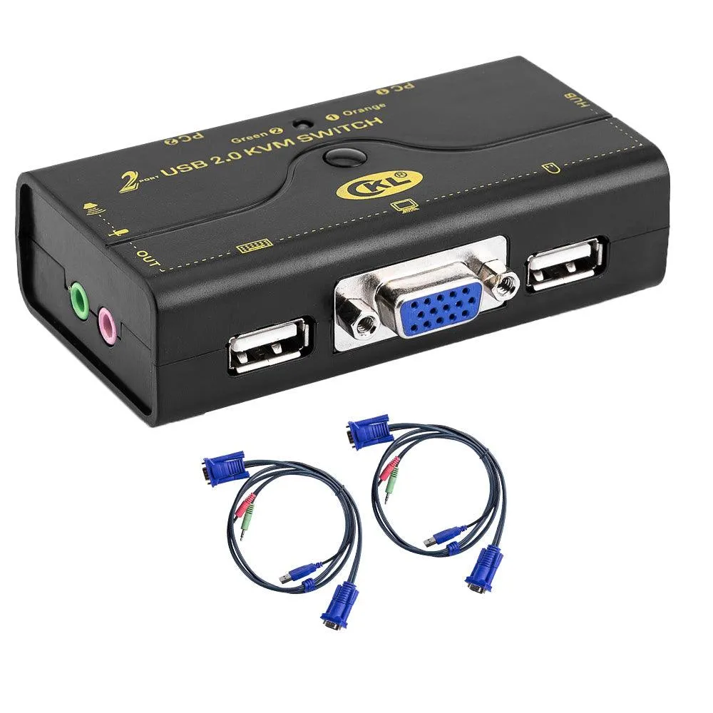 VGA KVM Switch 2 Port   Cable Kits   USB 2.0 HUB Support Audio Microphone 2048 * 1536 450MHz，2 Computers Sharing PC Monitor Keyboard Mouse Printer Scanner U Disk CKL-21UA