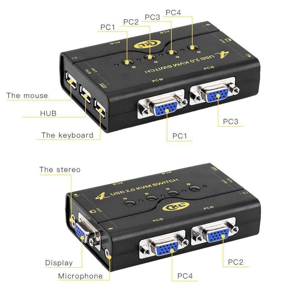 VGA KVM Switch 4 Port   Cable Kits   USB 2.0 HUB Support Audio Microphone 2048 * 1536 450MHz，4 Computers Sharing PC Monitor Keyboard Mouse Printer Scanner U Disk CKL-41UA