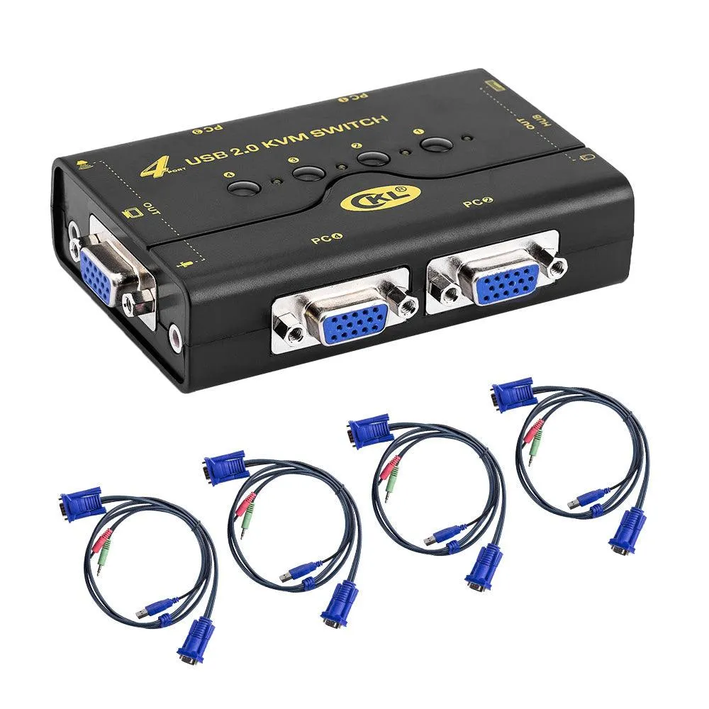 VGA KVM Switch 4 Port   Cable Kits   USB 2.0 HUB Support Audio Microphone 2048 * 1536 450MHz，4 Computers Sharing PC Monitor Keyboard Mouse Printer Scanner U Disk CKL-41UA