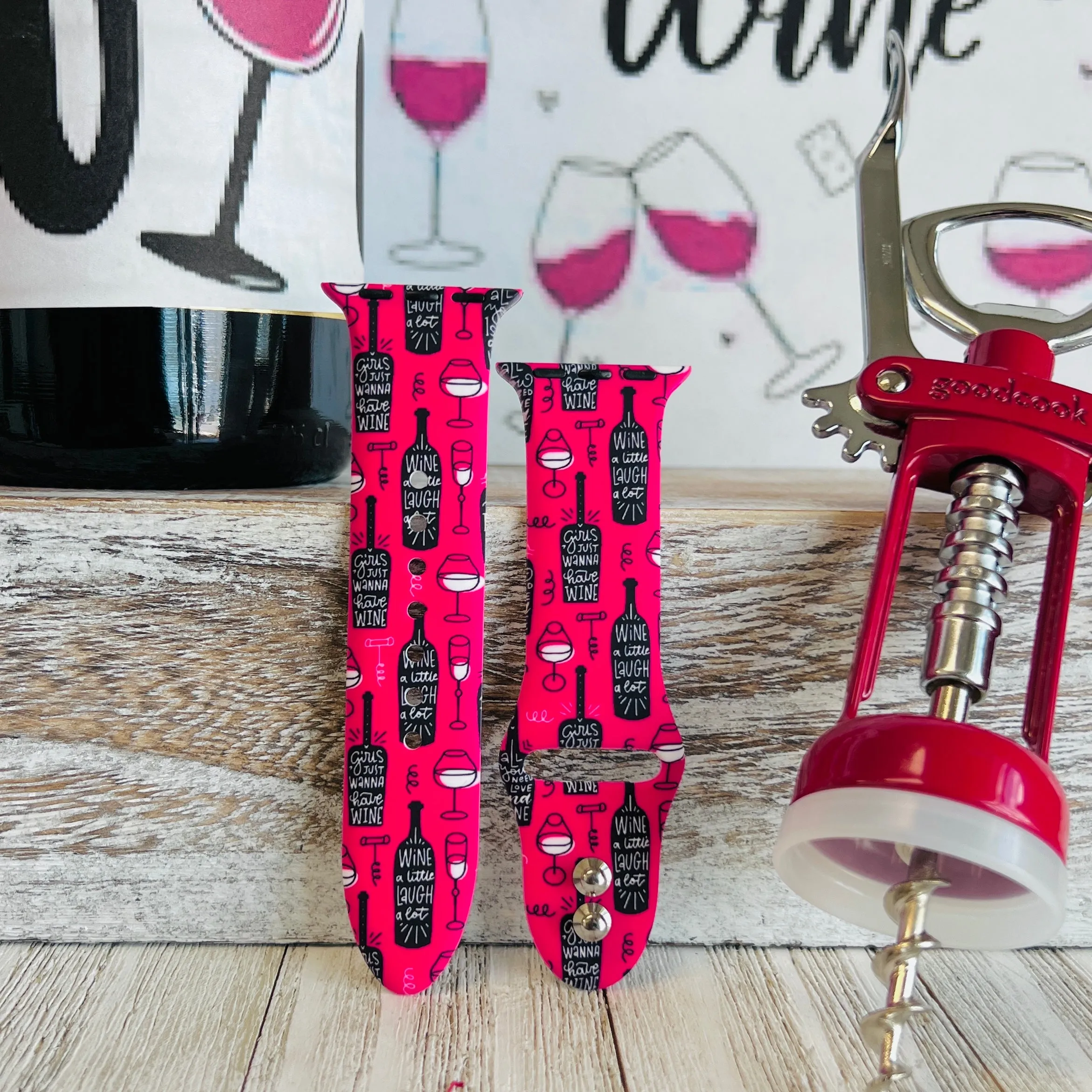 Wine, Love, Laugh Print Silicone Band For Apple Watch